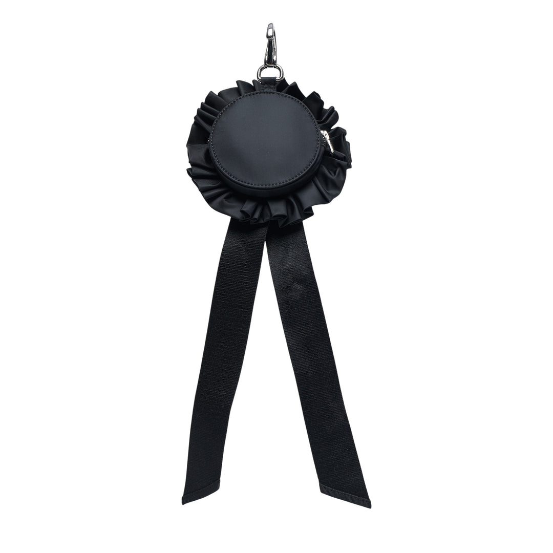 Simone Rocha black ribbon rosette coin purse with pleated circular rosette, jet crystal embellishments at the centre and on grosgrain ribbon tails, and a silver-tone lobster-claw clip fastening