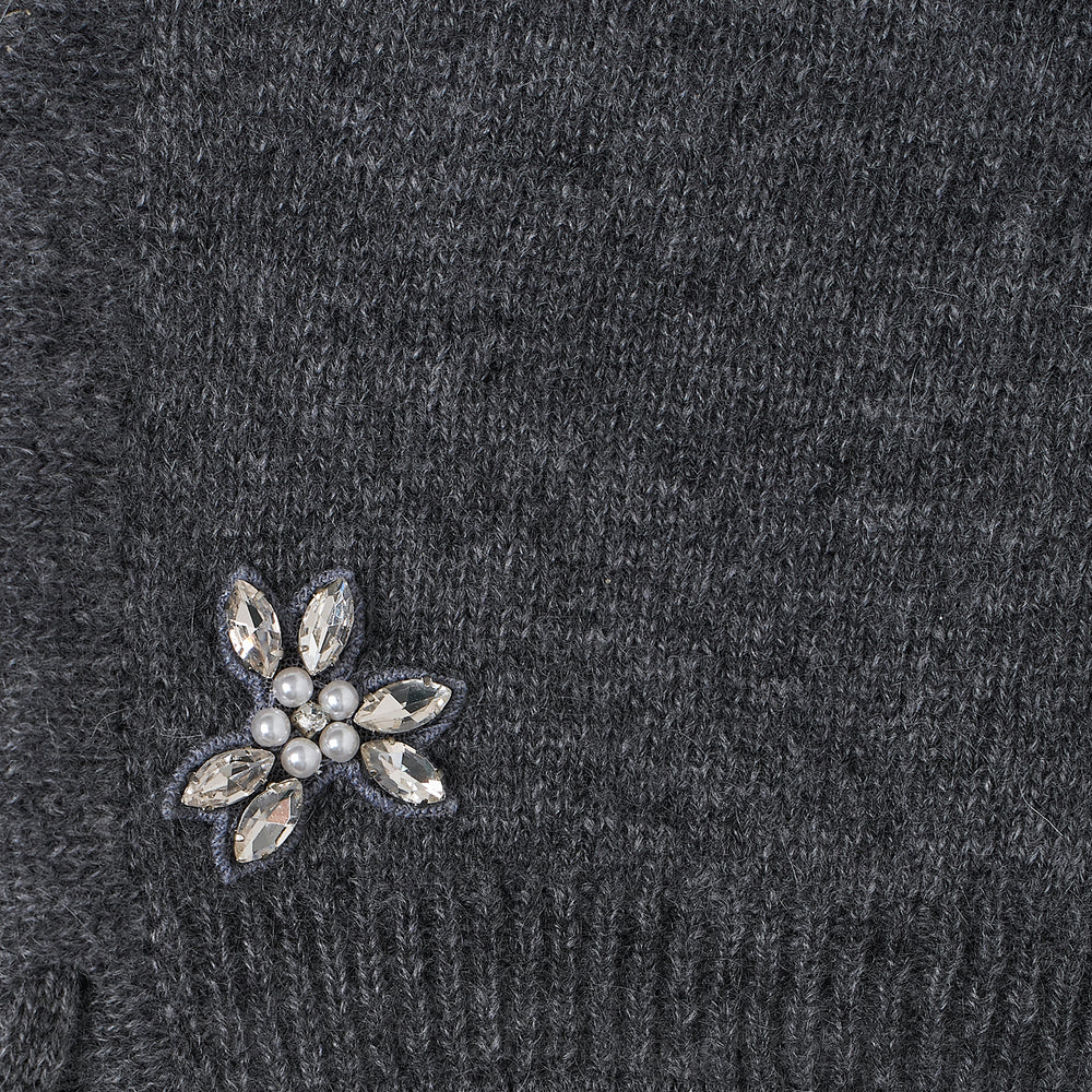 Simone Rocha heathered grey cashmere bonnet with a crystal flower embellishment at the brim and long knit tie strings