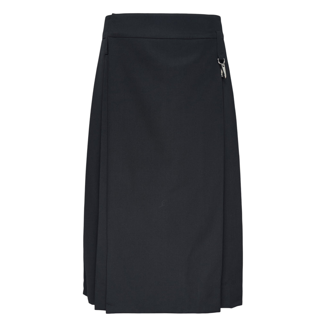 Simone Rocha Tailored Clip Kilt in black — midi-length pleated skirt with structured waistband and silver-tone carabiner clip hardware at the hip