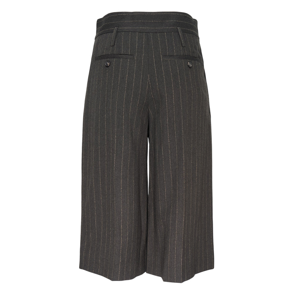 Simone Rocha dark charcoal pinstripe pleated wide-leg shorts with high waistband and belt loops, shown from the front