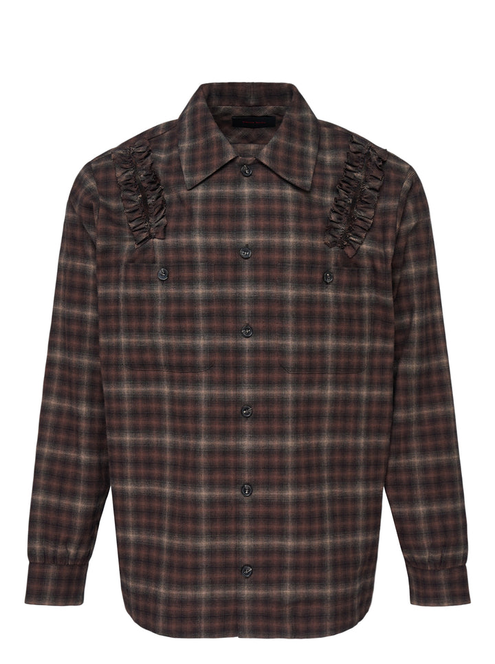 Simone Rocha brown plaid long sleeve flannel shirt with frayed ruffle trims on the shoulders and two chest pockets