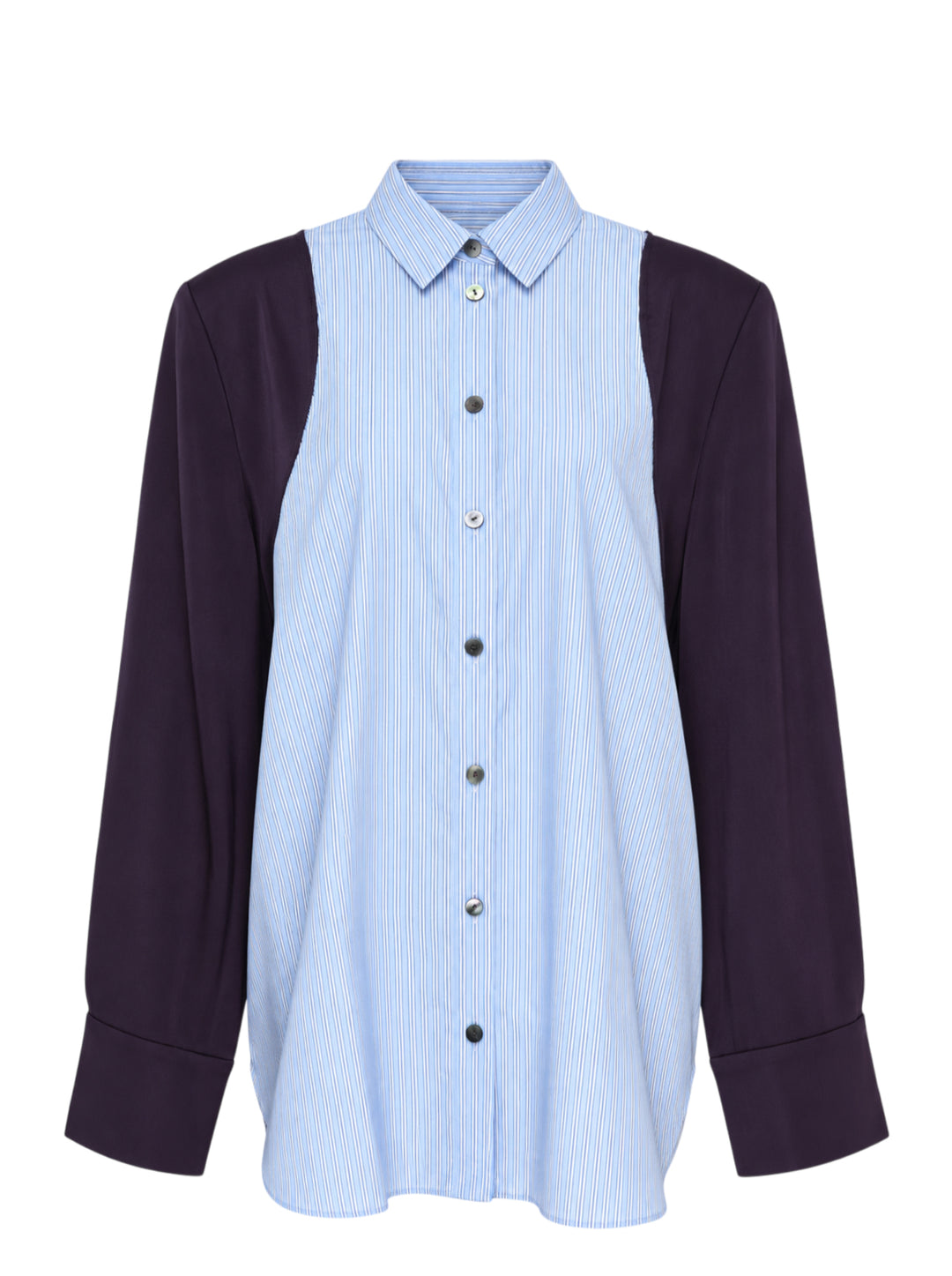 Enfold striped colorblock shirt with blue pinstripe body and deep plum long sleeves, featuring gunmetal buttons and wide contrast cuffs, on a white background