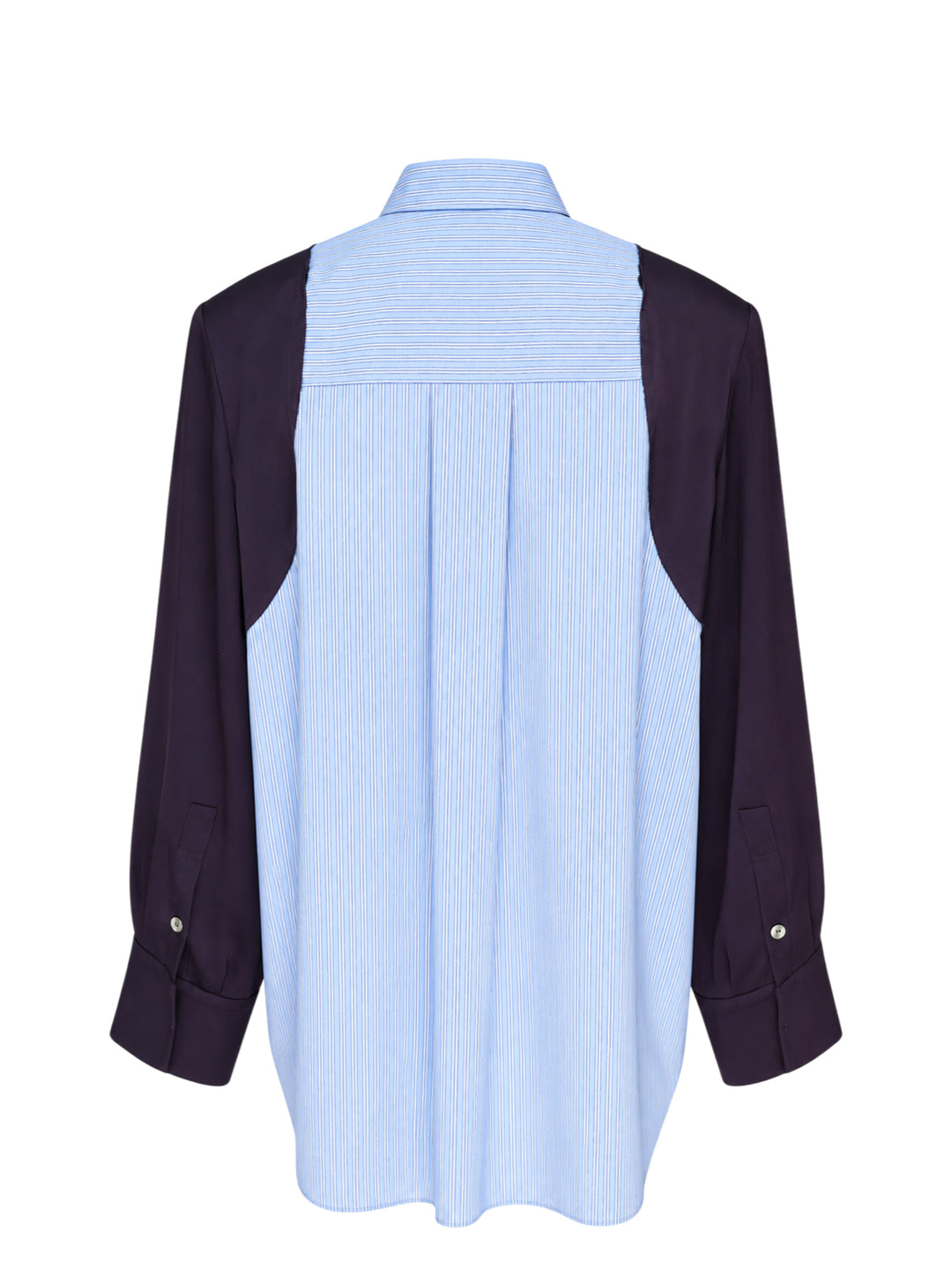 Enfold striped colorblock shirt with blue pinstripe body and deep plum long sleeves, featuring gunmetal buttons and wide contrast cuffs, on a white background - view 2