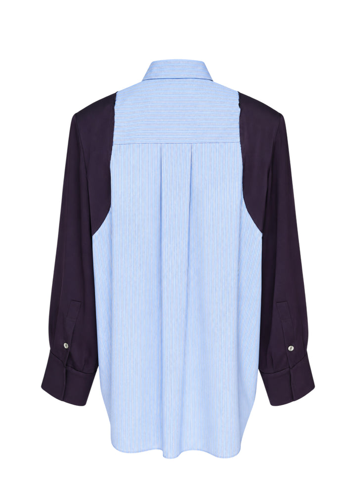 Enfold striped colorblock shirt with blue pinstripe body and deep plum long sleeves, featuring gunmetal buttons and wide contrast cuffs, on a white background - view 2