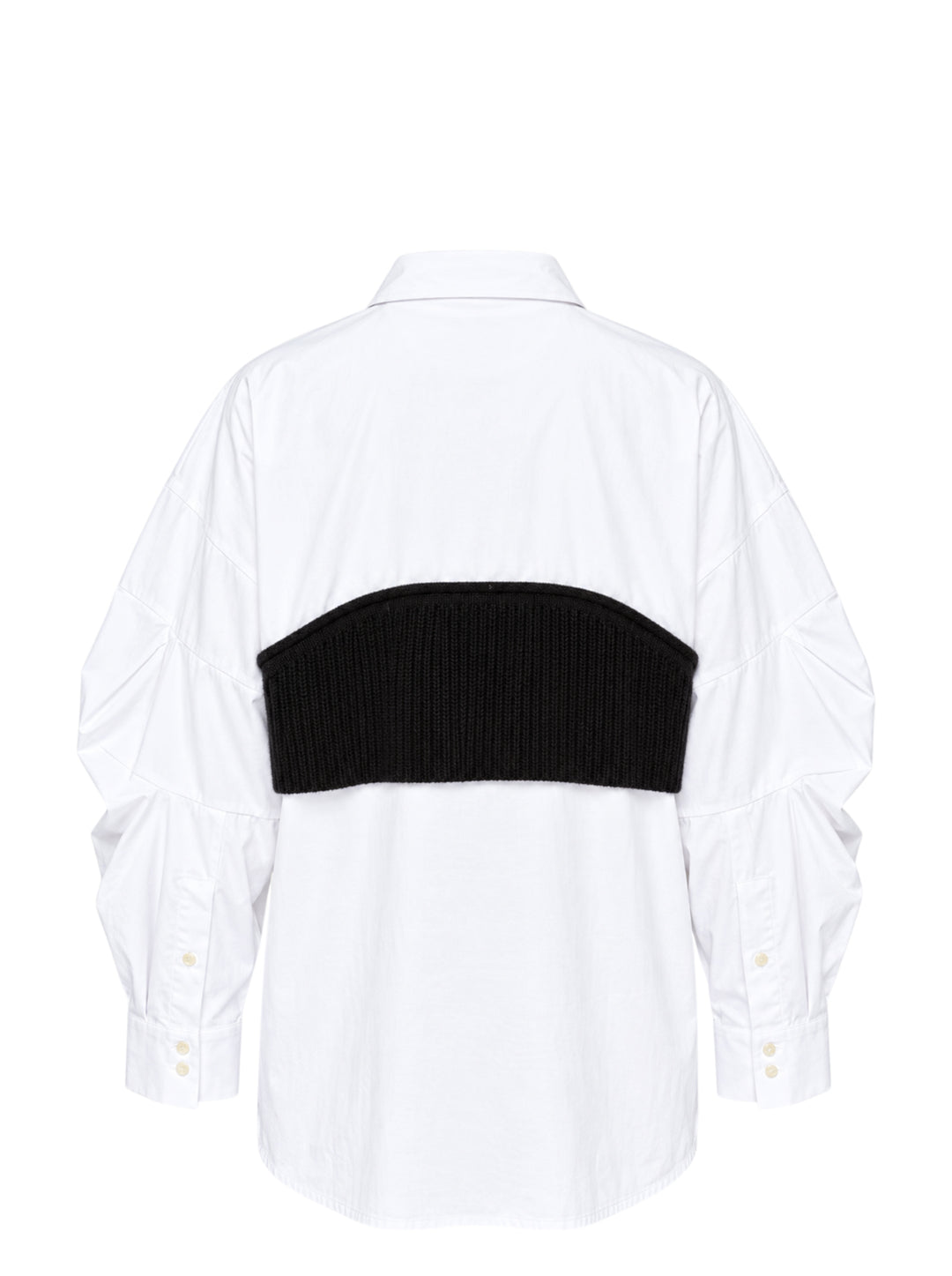 Enfold Knitted Docking Shirt — white cotton poplin long-sleeve shirt with integrated black ribbed knit bandeau panel featuring mother-of-pearl buttons and ruched sleeves, flat lay on white background - view 2
