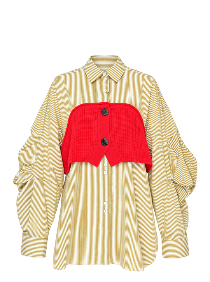 Enfold Striped Knitted Docking Shirt in yellow and white stripes with an attached red ribbed knit bolero overlay, dark horn buttons, and voluminous gathered sleeves, front view on white background
