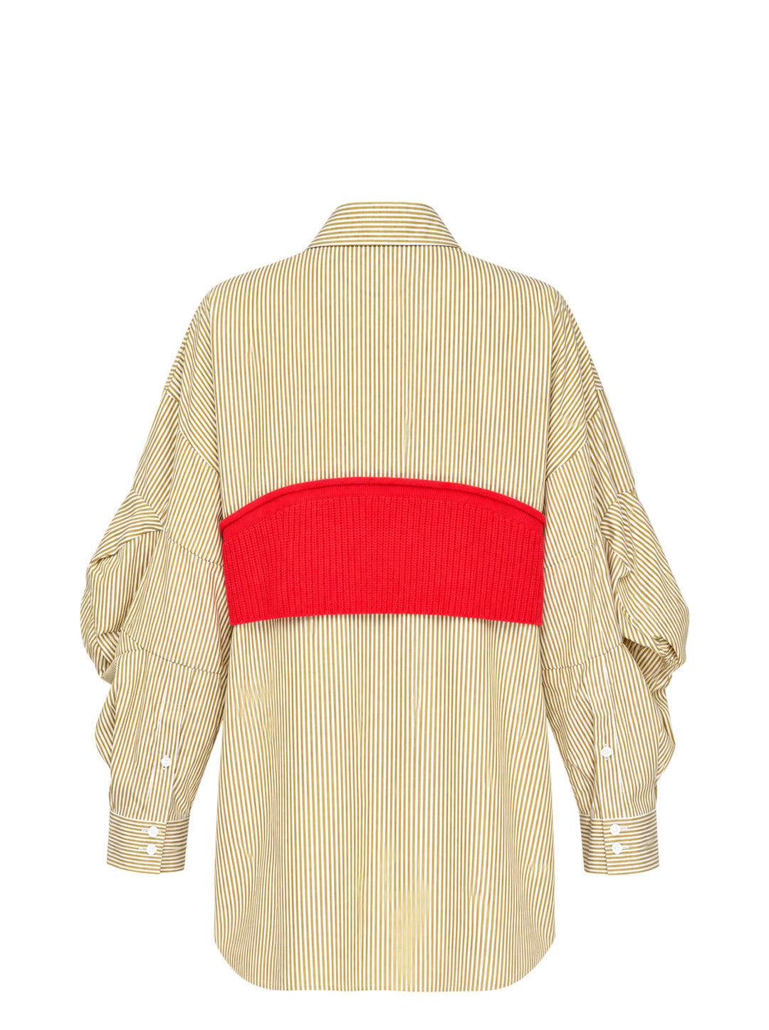 Enfold Striped Knitted Docking Shirt in yellow and white stripes with an attached red ribbed knit bolero overlay, dark horn buttons, and voluminous gathered sleeves, front view on white background - view 2