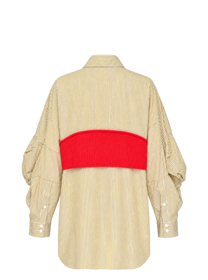 Enfold Striped Knitted Docking Shirt in yellow and white stripes with an attached red ribbed knit bolero overlay, dark horn buttons, and voluminous gathered sleeves, front view on white background - view 2