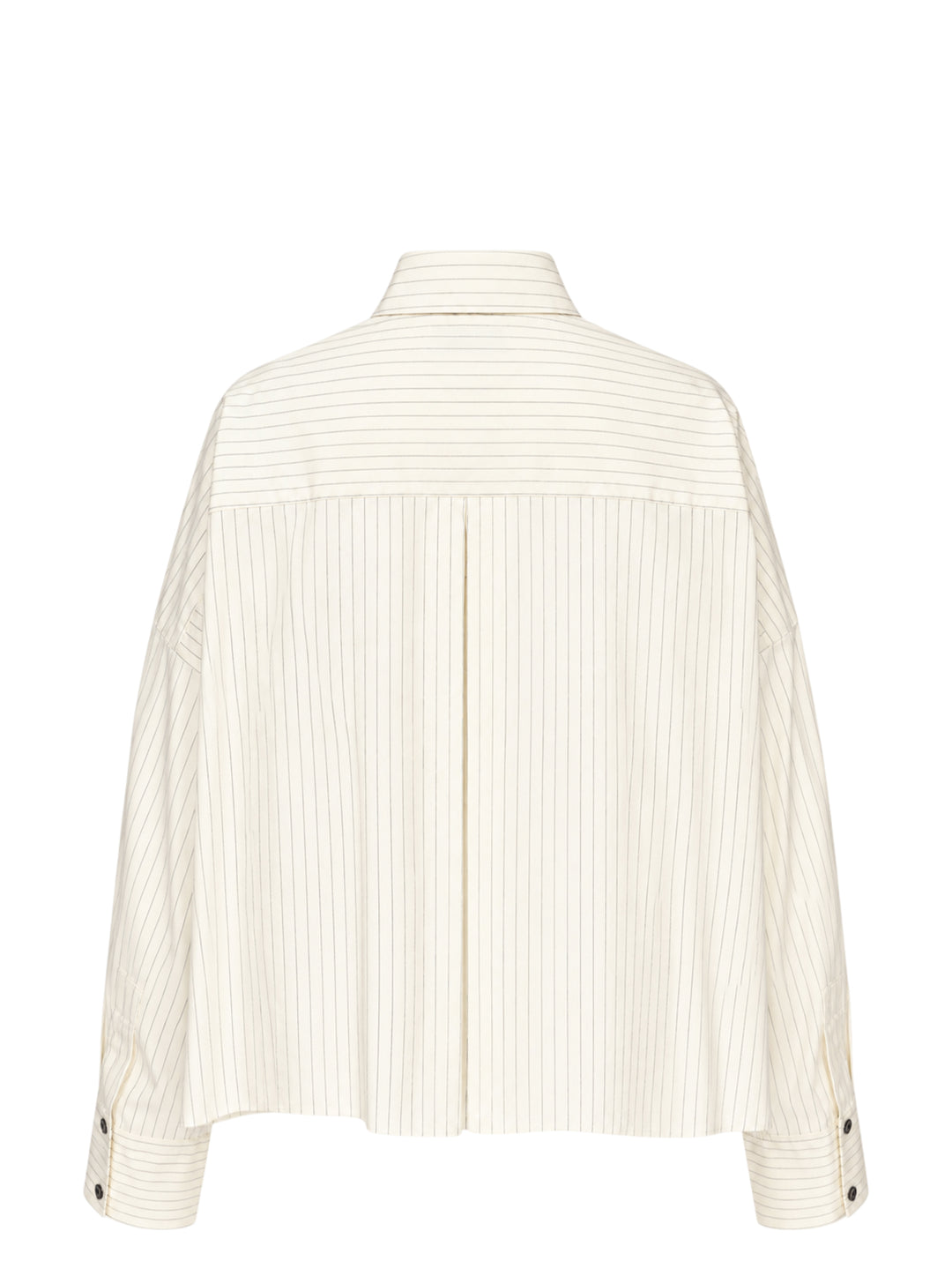 Enfold Striped Wide Tucked Shirt in cream pinstripe fabric, featuring asymmetric layered tuck panels across the front, a point collar, gunmetal buttons, and wide cuffed long sleeves - view 2