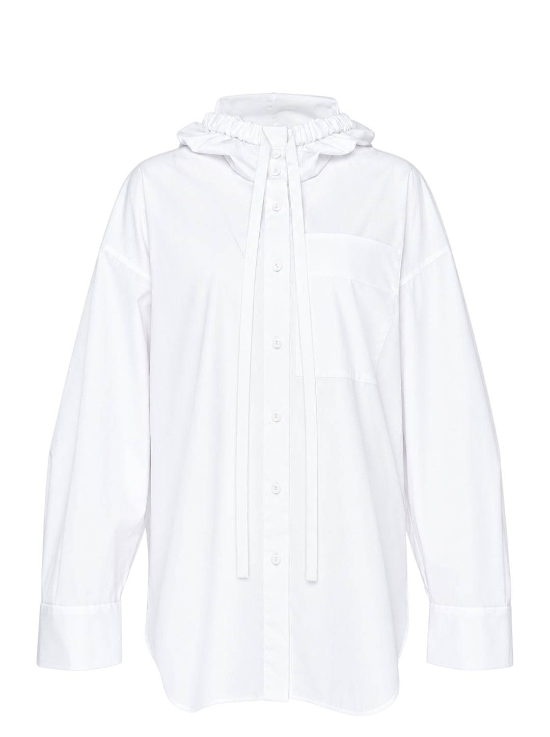 Enfold white oversized hooded button-up shirt with elasticated gathered hood, tonal buttons, long drawstring ties, and a single chest patch pocket