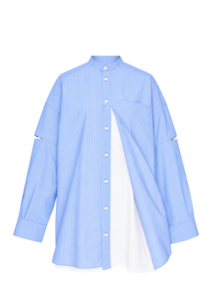 Enfold pale blue pinstripe oversized shirt with deconstructed cut-out sleeves, mandarin collar, white button placket, and a contrast white underlayer at the hem - view 2