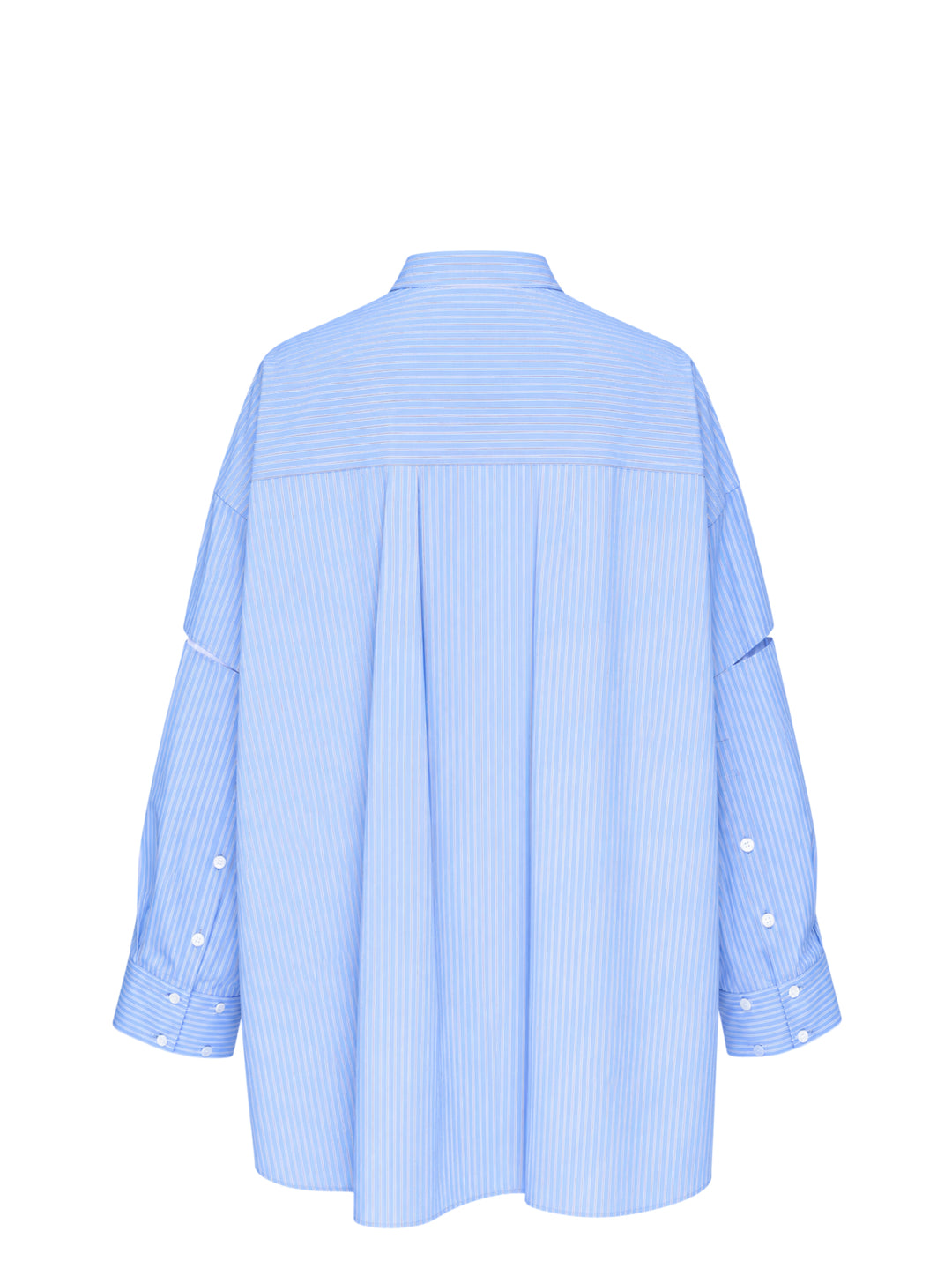 Enfold pale blue pinstripe oversized shirt with deconstructed cut-out sleeves, mandarin collar, white button placket, and a contrast white underlayer at the hem - view 3