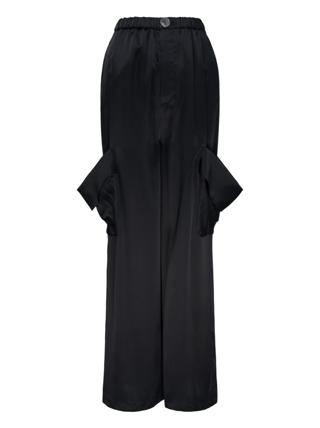 Enfold Draped Pocket Pants in black — wide-leg trousers with sculptural draped hip pockets and elasticated waistband, front view