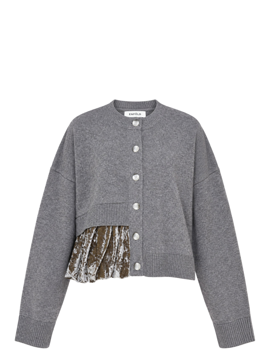 Enfold Balloon Hem Cardigan in heathered grey knit with mother-of-pearl button front closure and asymmetric crushed velvet gathered panel at the hem