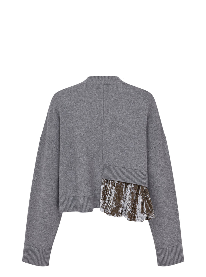 Enfold Balloon Hem Cardigan in heathered grey knit with mother-of-pearl button front closure and asymmetric crushed velvet gathered panel at the hem - view 2