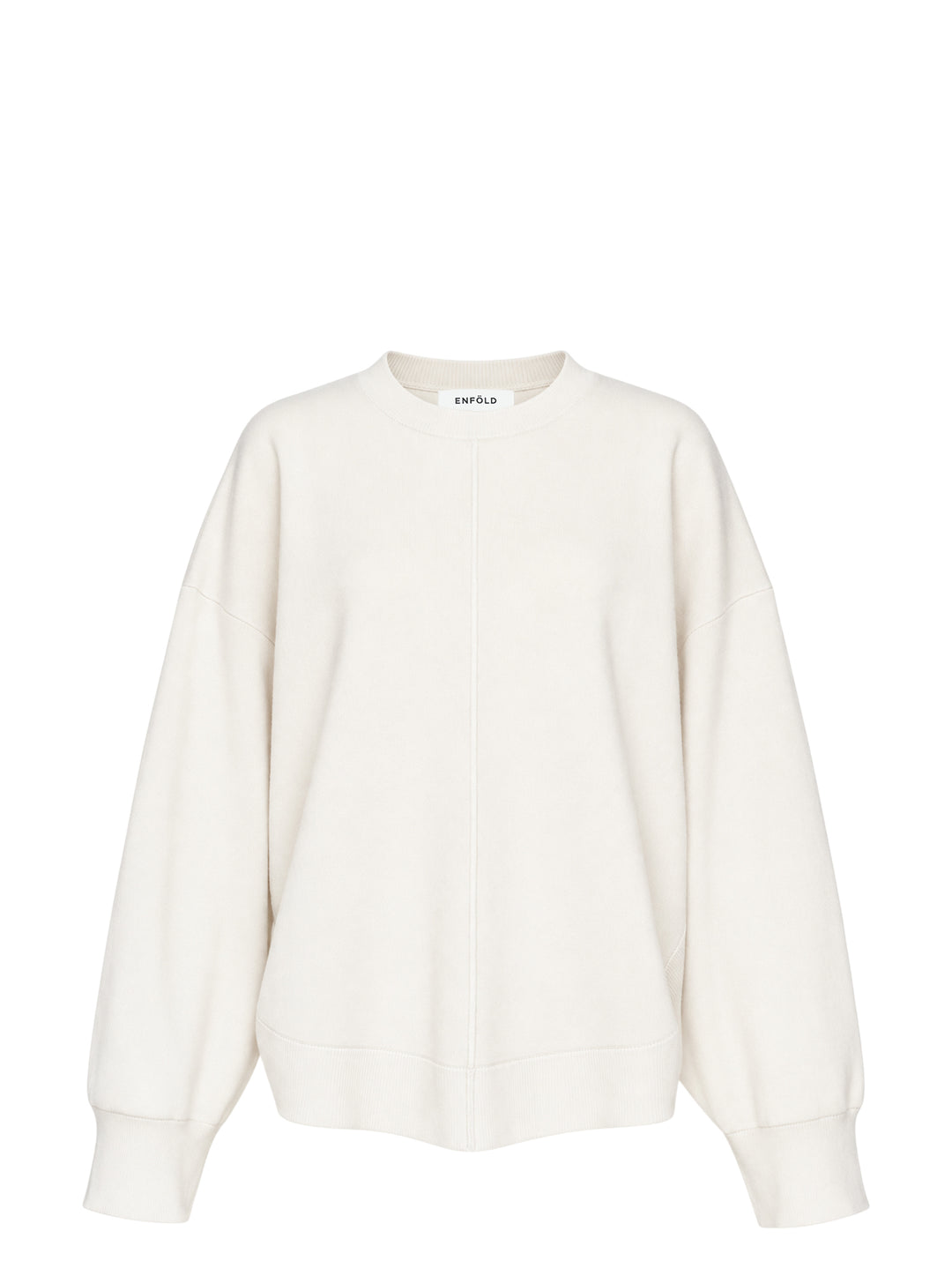 Enfold Circle Hem Pullover Sweatshirt in ivory with oversized silhouette, tonal seam detailing, ribbed cuffs and crewneck with woven brand label