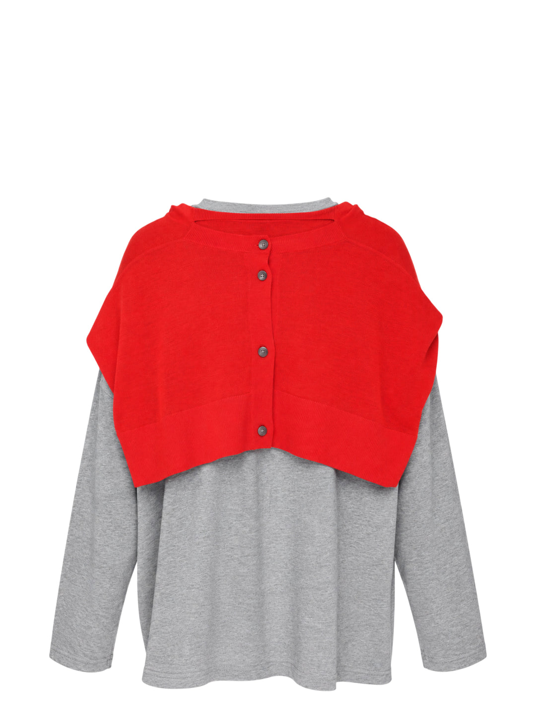 Enfold oversized grey marl long sleeve tee with attached red knitted cape draped over both shoulders and tied in a knot at the chest, styled flat on a white background - view 2