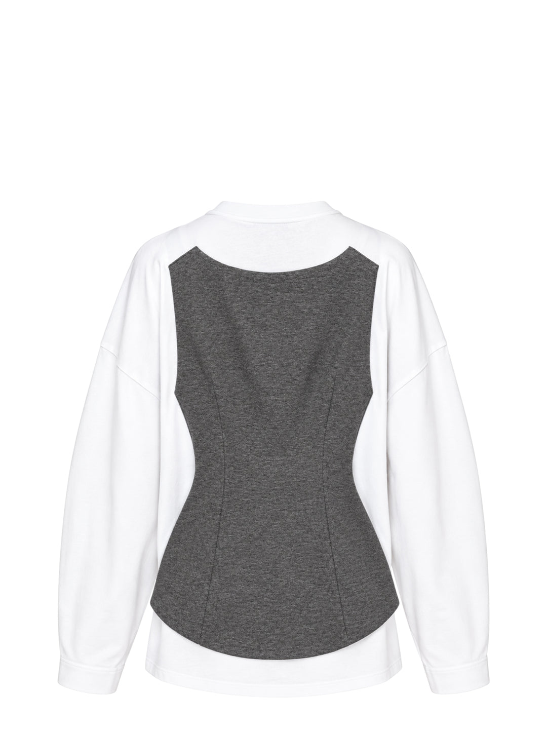 Enfold layered long sleeve tee featuring a white crew-neck underlayer with a structured grey heathered zip-front peplum vest overlay, displayed flat on a white background - view 2