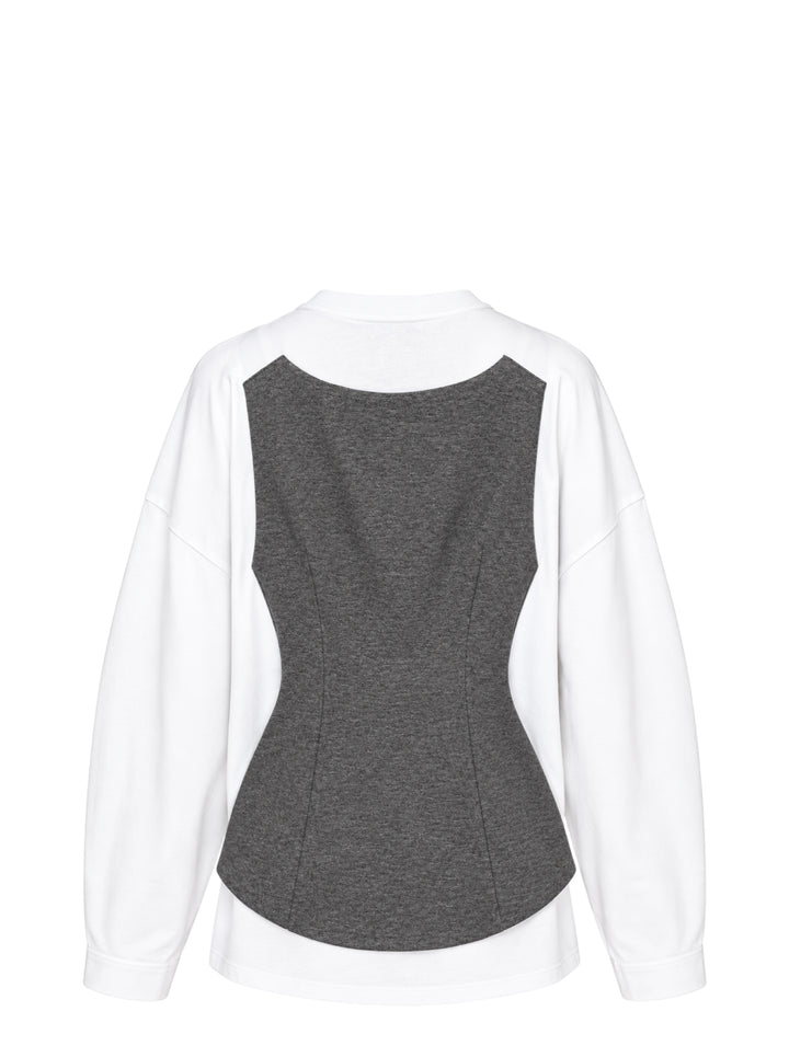 Enfold layered long sleeve tee featuring a white crew-neck underlayer with a structured grey heathered zip-front peplum vest overlay, displayed flat on a white background - view 2