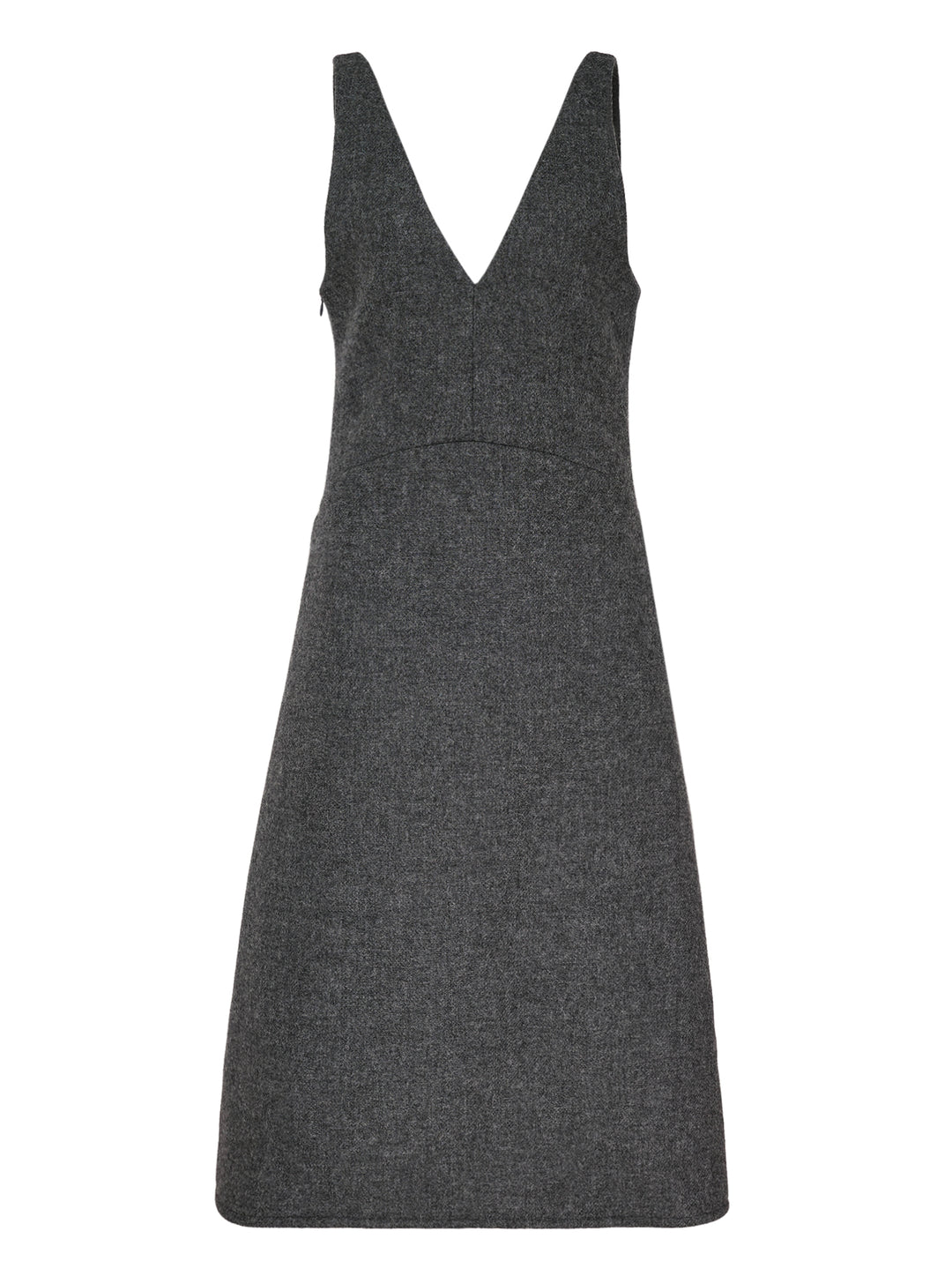 Enfold Sculpted Hem Dress in dark grey heathered wool-blend, featuring a deep V-neckline, broad shoulder straps, empire seam, and A-line silhouette with a flared hem — flat lay on white background