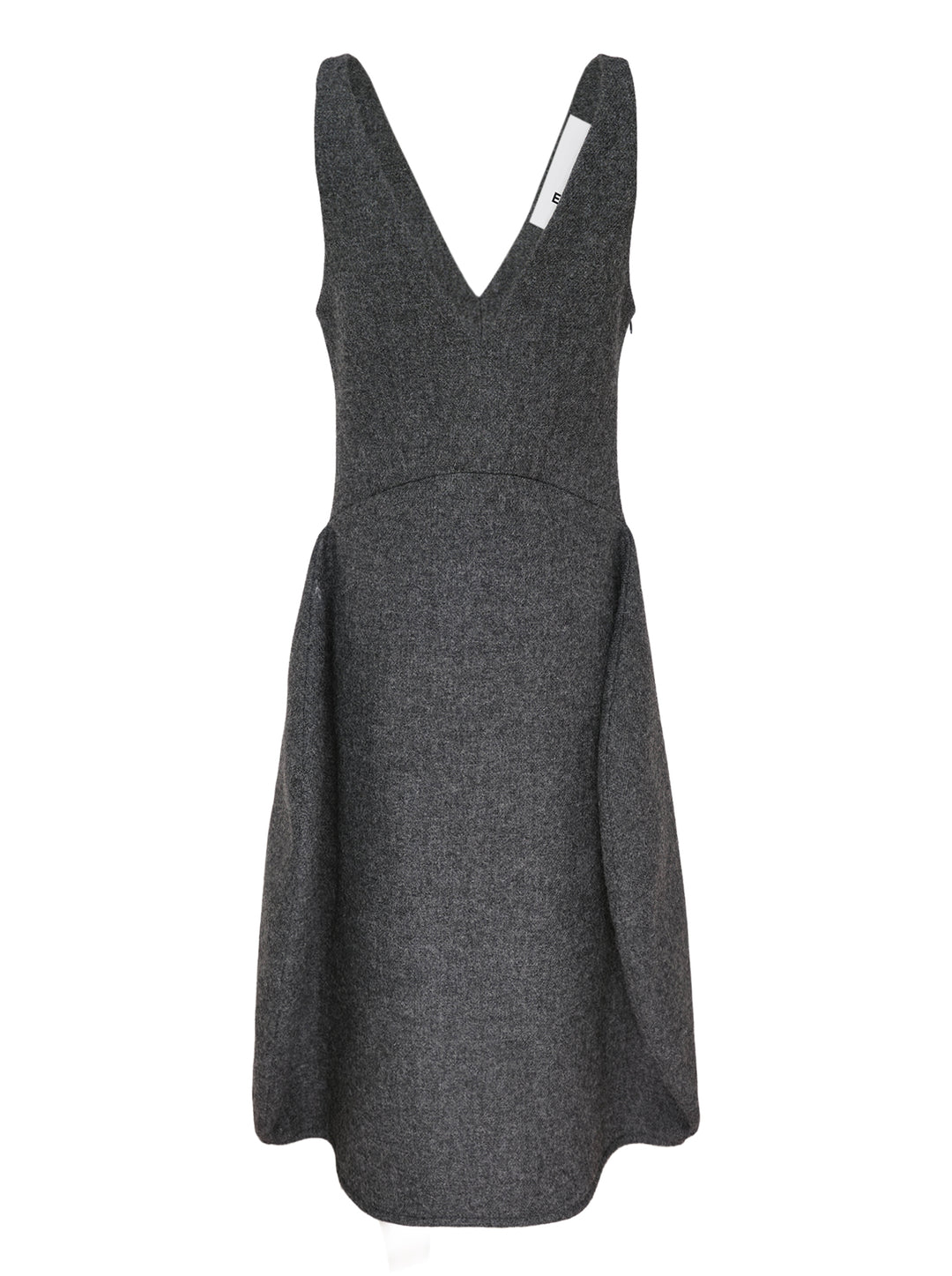 Enfold Sculpted Hem Dress in dark grey heathered wool-blend, featuring a deep V-neckline, broad shoulder straps, empire seam, and A-line silhouette with a flared hem — flat lay on white background - view 2
