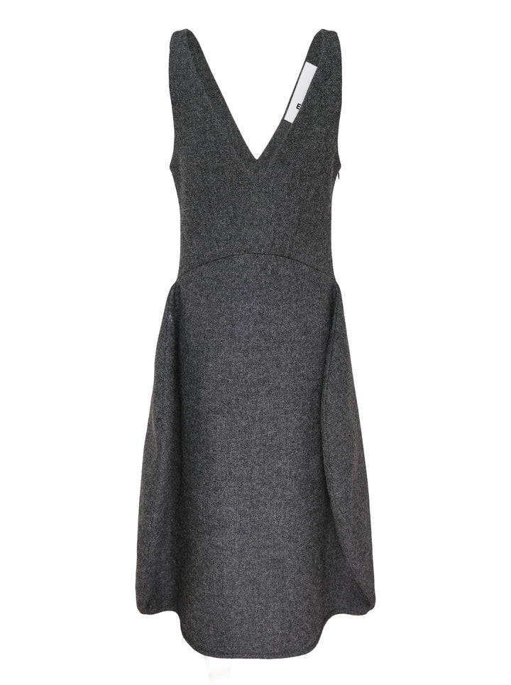 Enfold Sculpted Hem Dress in dark grey heathered wool-blend, featuring a deep V-neckline, broad shoulder straps, empire seam, and A-line silhouette with a flared hem — flat lay on white background - view 2