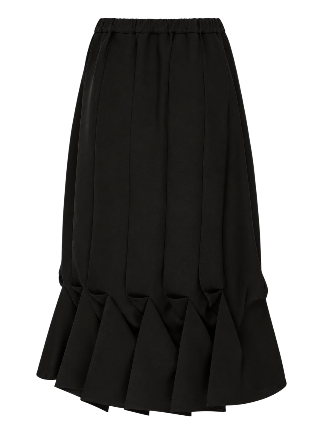 Enfold Draped Hem Midi Skirt in black, featuring vertical pleating, elasticated waistband, and a sculptural gathered ruffle hem, shown on a white background - view 2