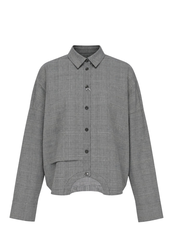 Enfold Checked Symmetry Cropped Shirt in grey glen plaid with a relaxed fit, button-front placket, and a curved structured hem panel