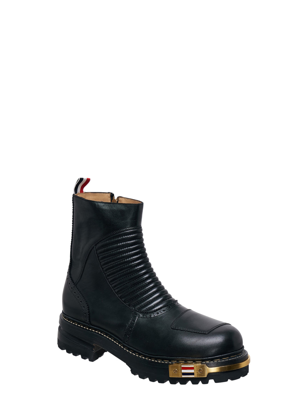 Thom Browne black leather quilted hiking moto boot with ribbed panelling, brogue detailing, lugged sole and gold-tone tricolour heel plate - view 2