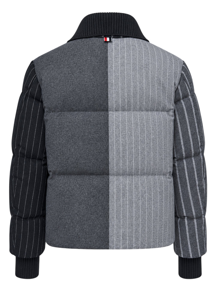 Thom Browne down-filled zip front puffer jacket in patchwork grey flannel and pinstripe with black ribbed knit collar and cuffs - view 2