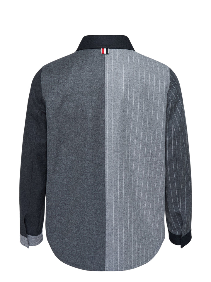 Thom Browne Funmix utility jacket in mixed grey and charcoal pinstripe with contrast patch pockets and snap button front - view 2