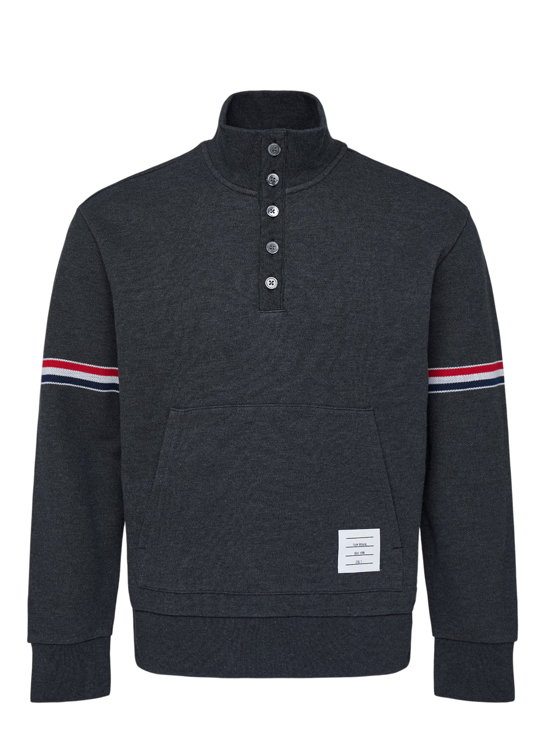 Thom Browne charcoal grey piqué funnel neck pullover with five-button placket, kangaroo pocket and red, white and blue striped sleeves