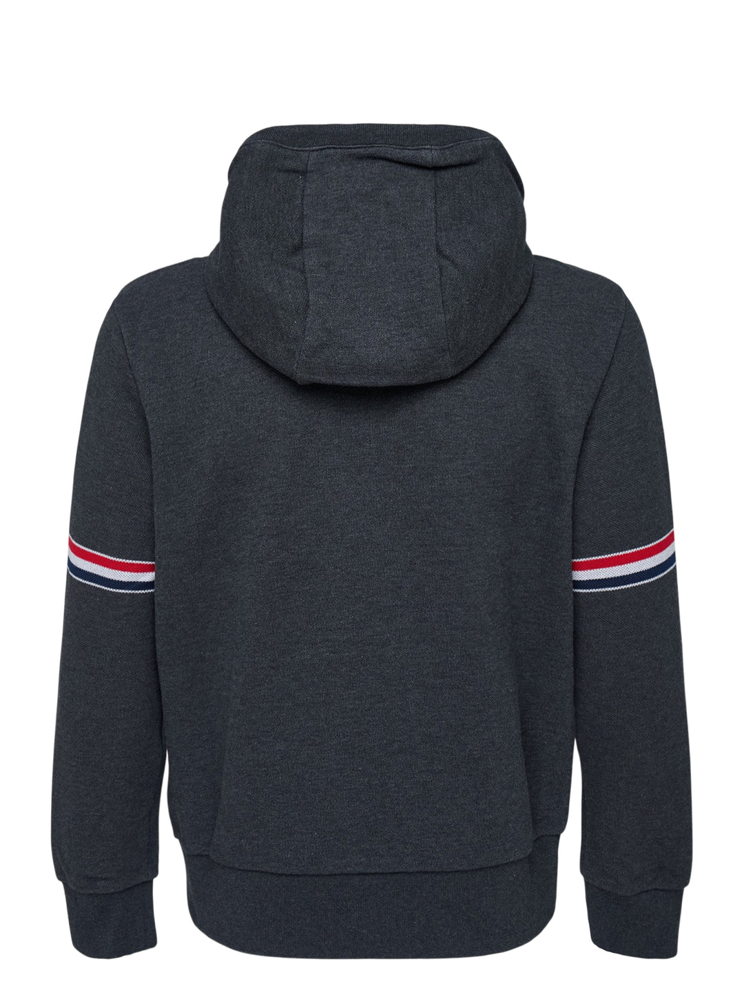 Thom Browne charcoal grey piqué zip-through hoodie with red, white and blue sleeve stripes and drawstring hood - view 2