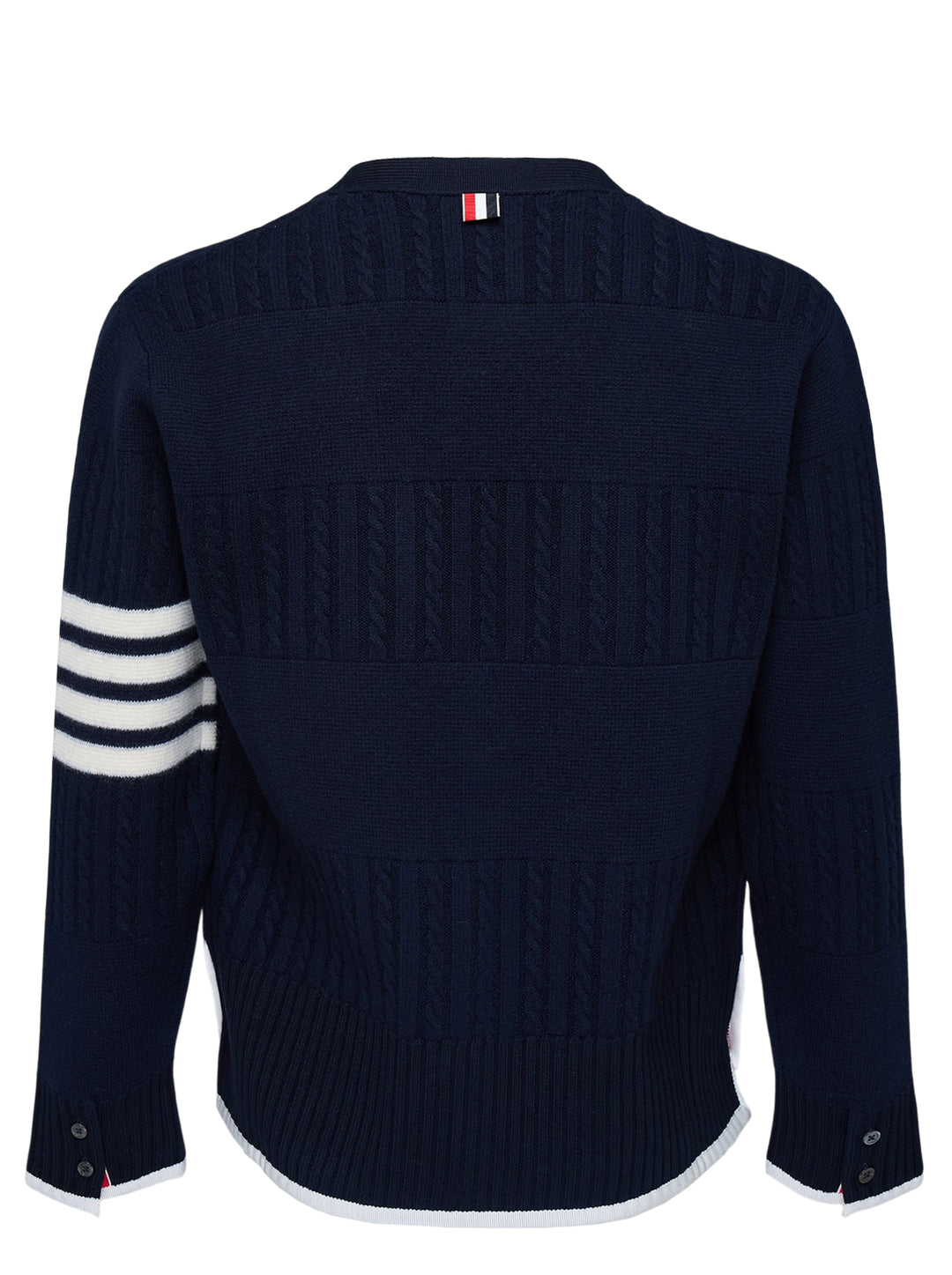 Thom Browne navy V-neck cardigan with cable and Milano stitch panels, white grosgrain trim and signature 4-bar stripe on the sleeve - view 2