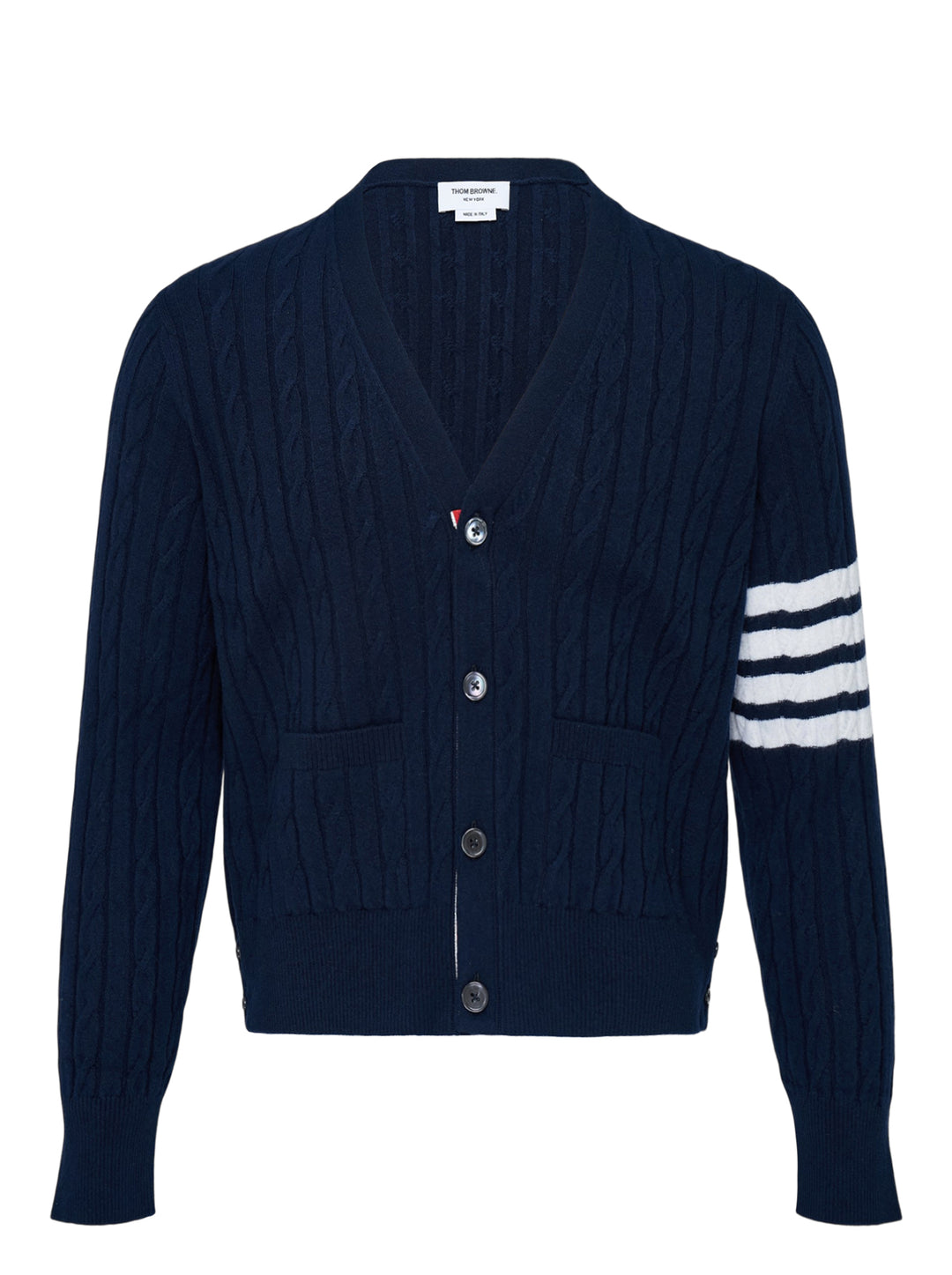 Navy cable-knit V-neck cardigan with white 4-bar stripe on the sleeve, button front and two front pockets