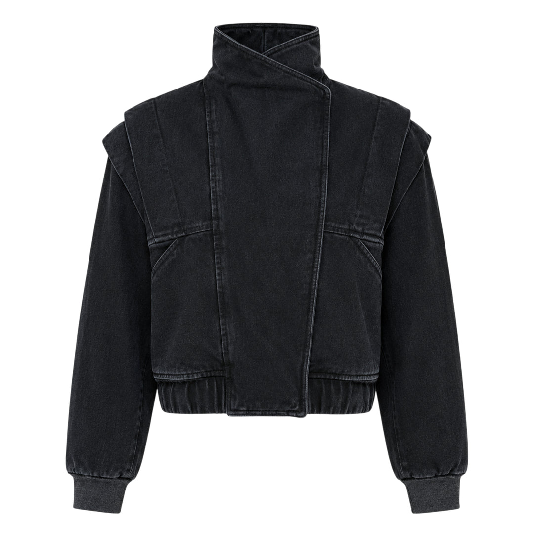 pushBUTTON Black Vintage Wash High-Neck Jacket — cropped black denim bomber with asymmetric crossover collar, padded shoulders, tonal seam panelling, and ribbed elasticated hem and cuffs