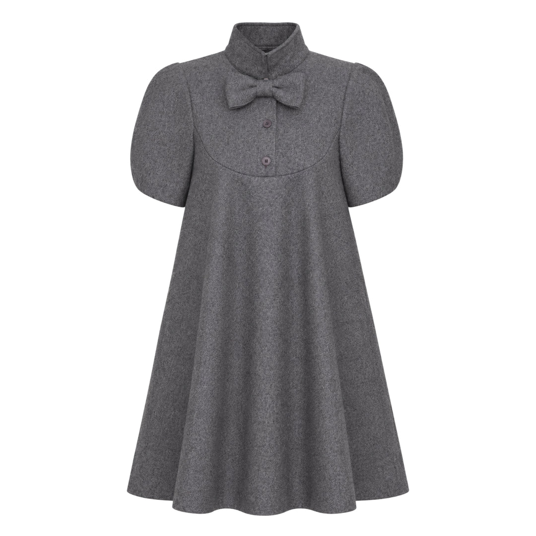 pushBUTTON gray heathered wool-blend mini dress with oversized bow collar, curved chest yoke, button placket, and puff sleeves in a flared A-line silhouette