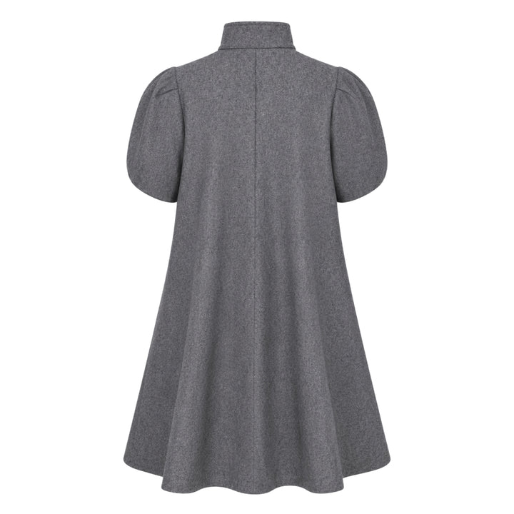 pushBUTTON gray heathered wool-blend mini dress with oversized bow collar, curved chest yoke, button placket, and puff sleeves in a flared A-line silhouette - view 2