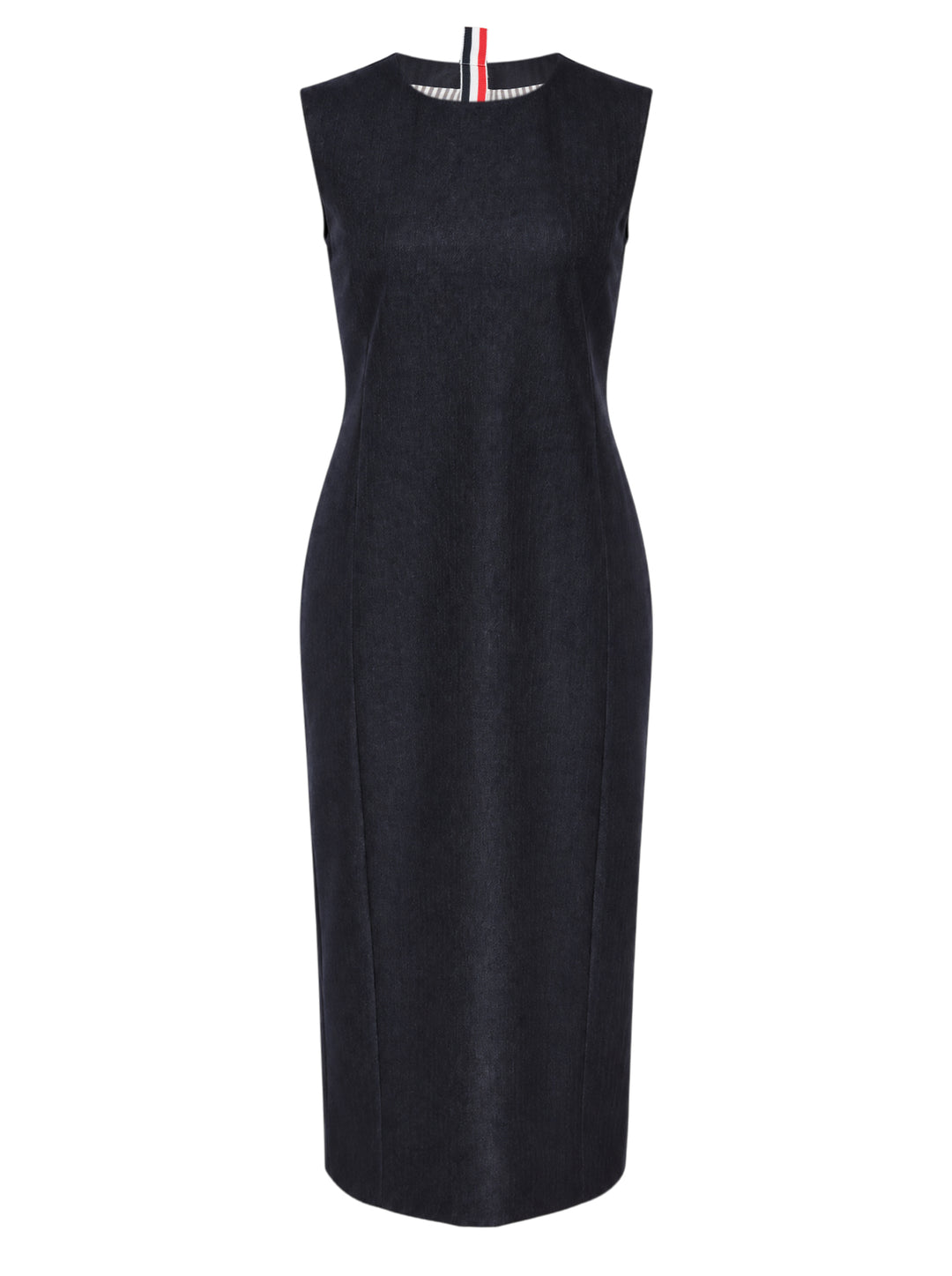 Thom Browne navy sleeveless calf-length pencil dress with crew neckline and red, white and blue grosgrain tab at the back neck