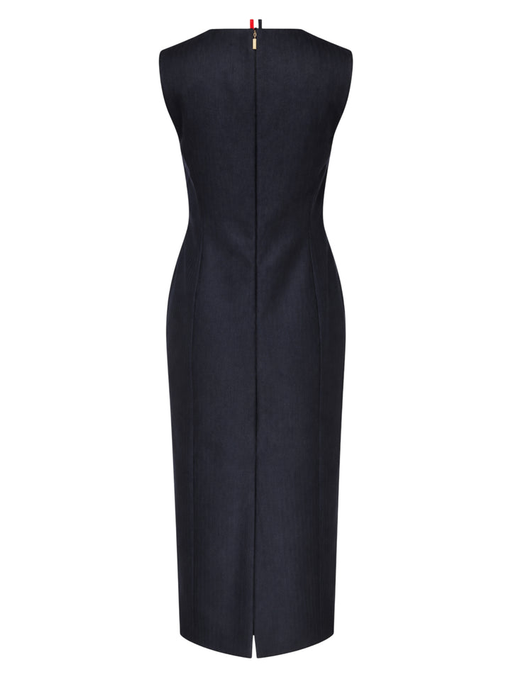 Thom Browne navy sleeveless calf-length pencil dress with crew neckline and red, white and blue grosgrain tab at the back neck - view 2