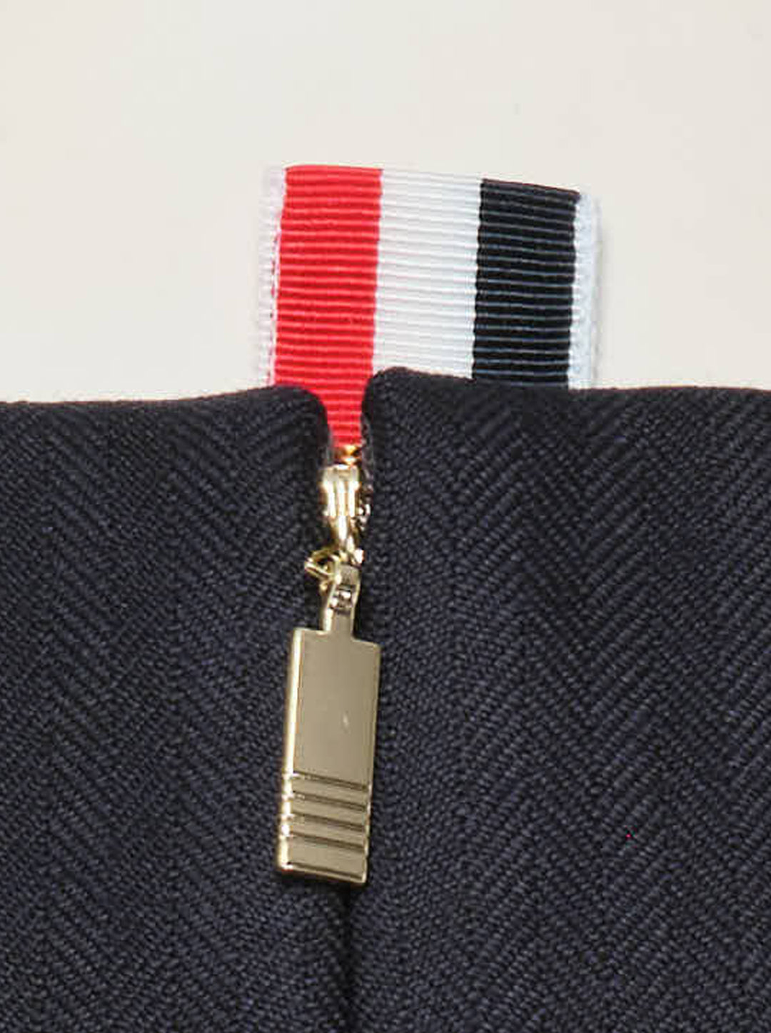 Thom Browne navy sleeveless calf-length pencil dress with crew neckline and red, white and blue grosgrain tab at the back neck - view 3