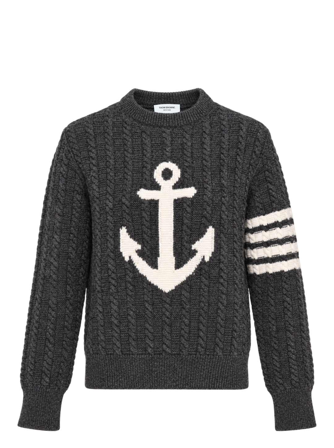 Thom Browne charcoal cable-knit crewneck sweater with cream anchor intarsia on the front and signature 4-bar stripe on the sleeve