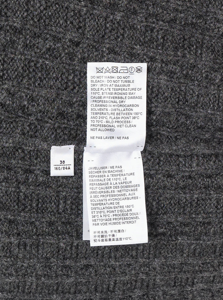 Thom Browne charcoal cable-knit crewneck sweater with cream anchor intarsia on the front and signature 4-bar stripe on the sleeve - view 4