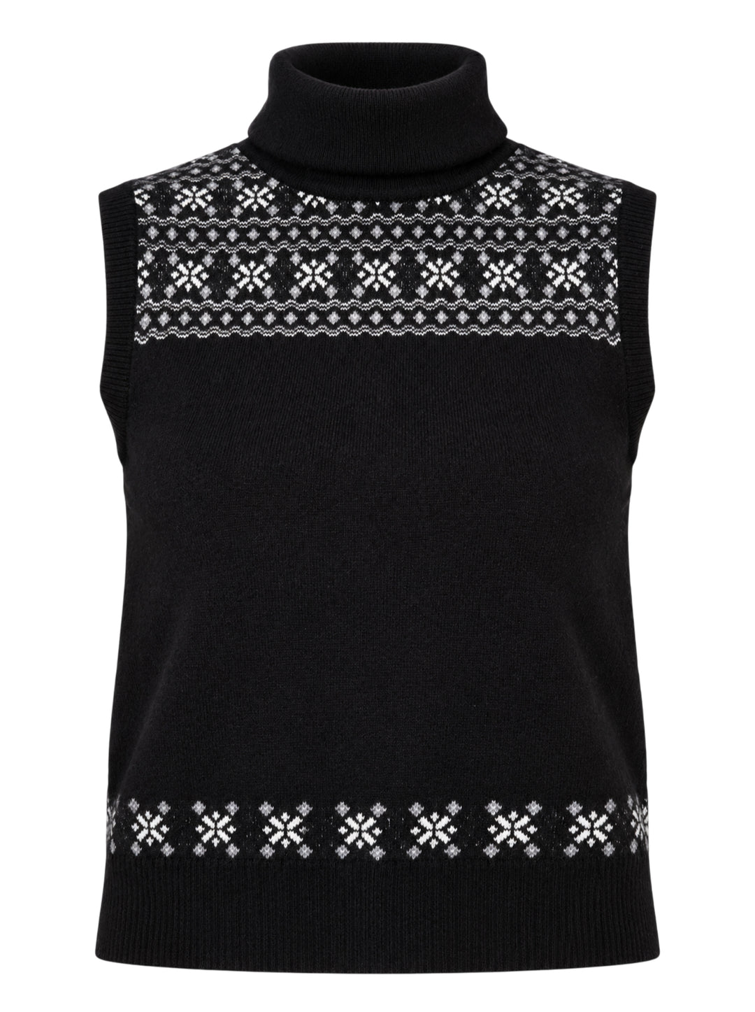 Black sleeveless turtleneck knit vest with white and grey Icelandic Fair Isle snowflake pattern across the yoke and hem
