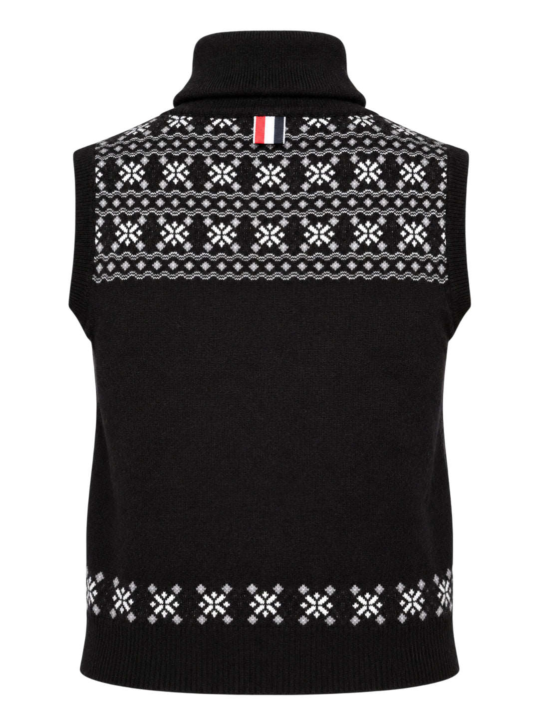 Black sleeveless turtleneck knit vest with white and grey Icelandic Fair Isle snowflake pattern across the yoke and hem - view 2