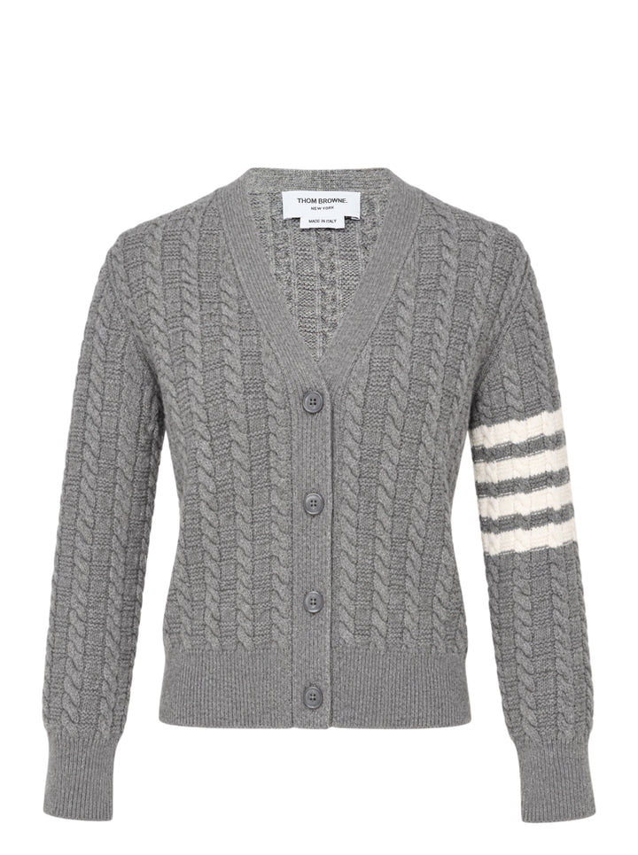Thom Browne grey cable knit V-neck cardigan with cream 4-bar stripe on the sleeve and button front
