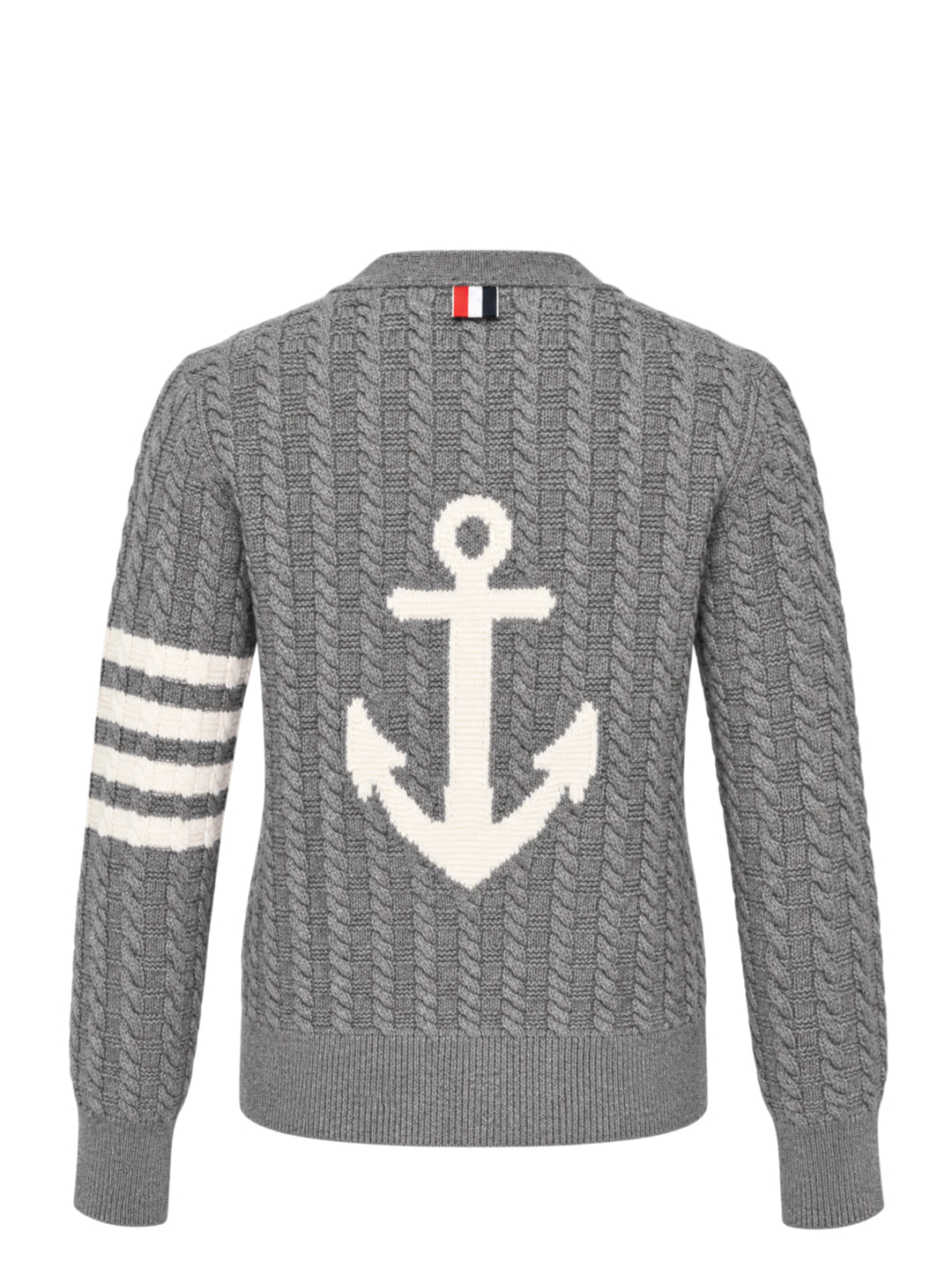 Thom Browne grey cable knit V-neck cardigan with cream 4-bar stripe on the sleeve and button front - view 2