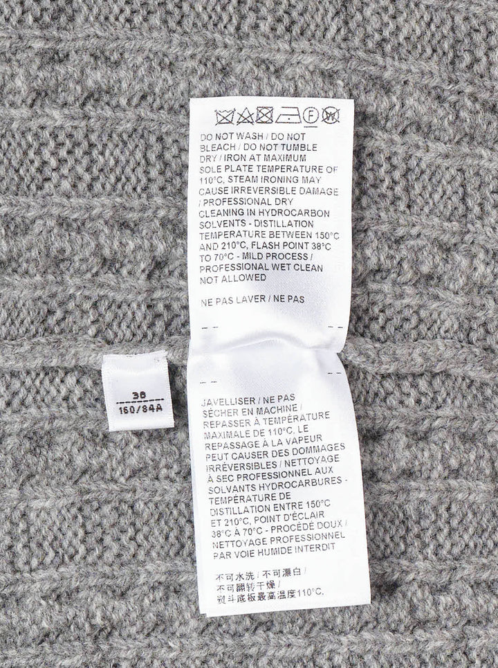 Thom Browne grey cable knit V-neck cardigan with cream 4-bar stripe on the sleeve and button front - view 4