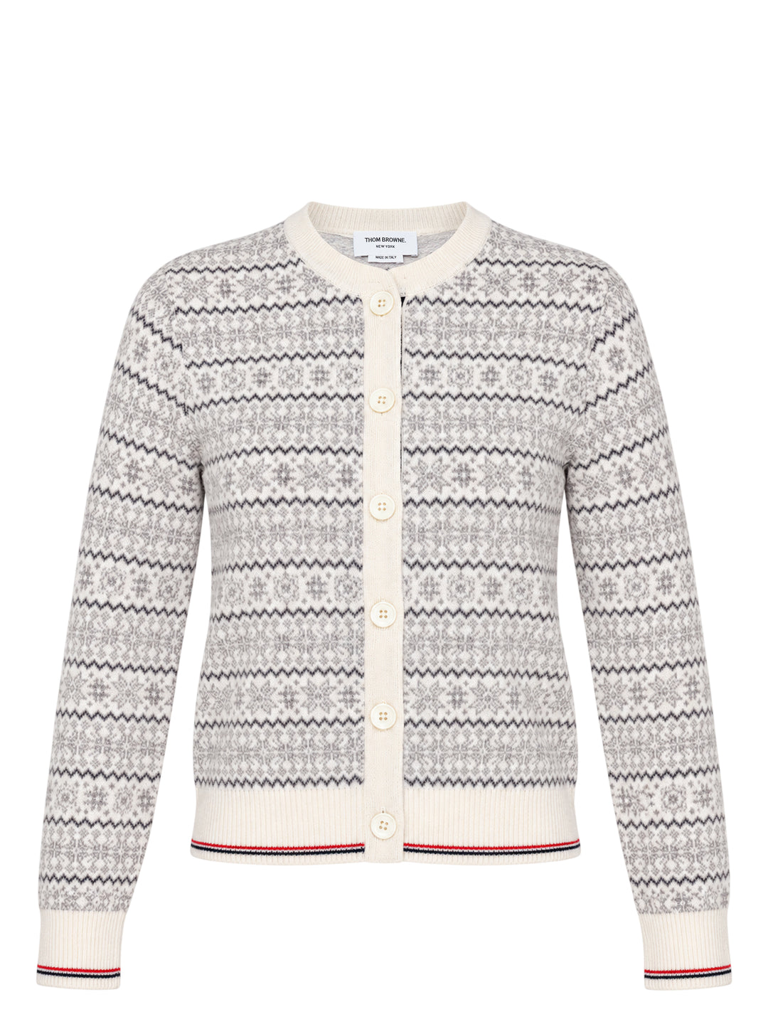 Thom Browne snowflake Fair Isle cardigan with crew neckline, button front and red, white and blue tipped ribbed hem and cuffs