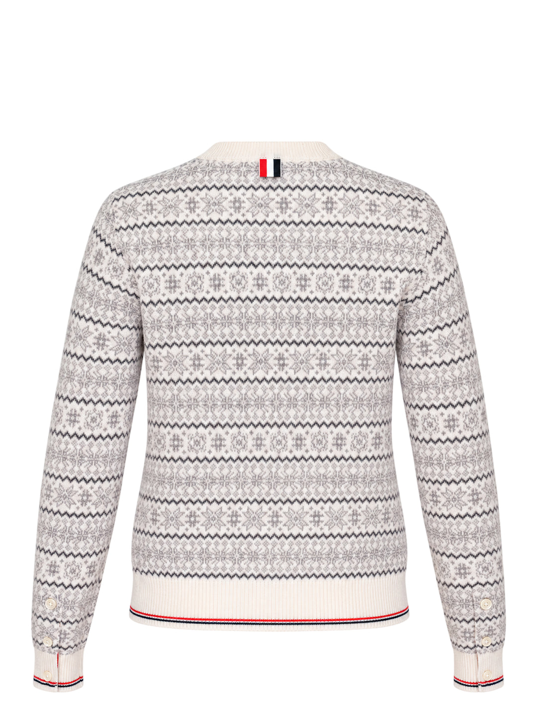 Thom Browne snowflake Fair Isle cardigan with crew neckline, button front and red, white and blue tipped ribbed hem and cuffs - view 2